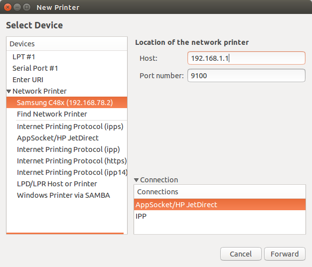  The Ubuntu 14.04 Add printer dialog